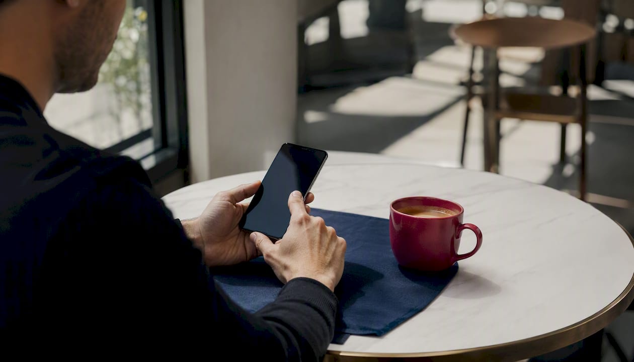 Hands holding smartphone checking trade timestamps
