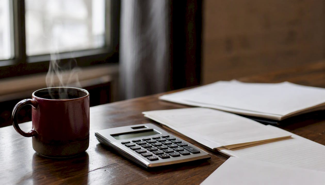 Calculator and coffee cup on desk with papers