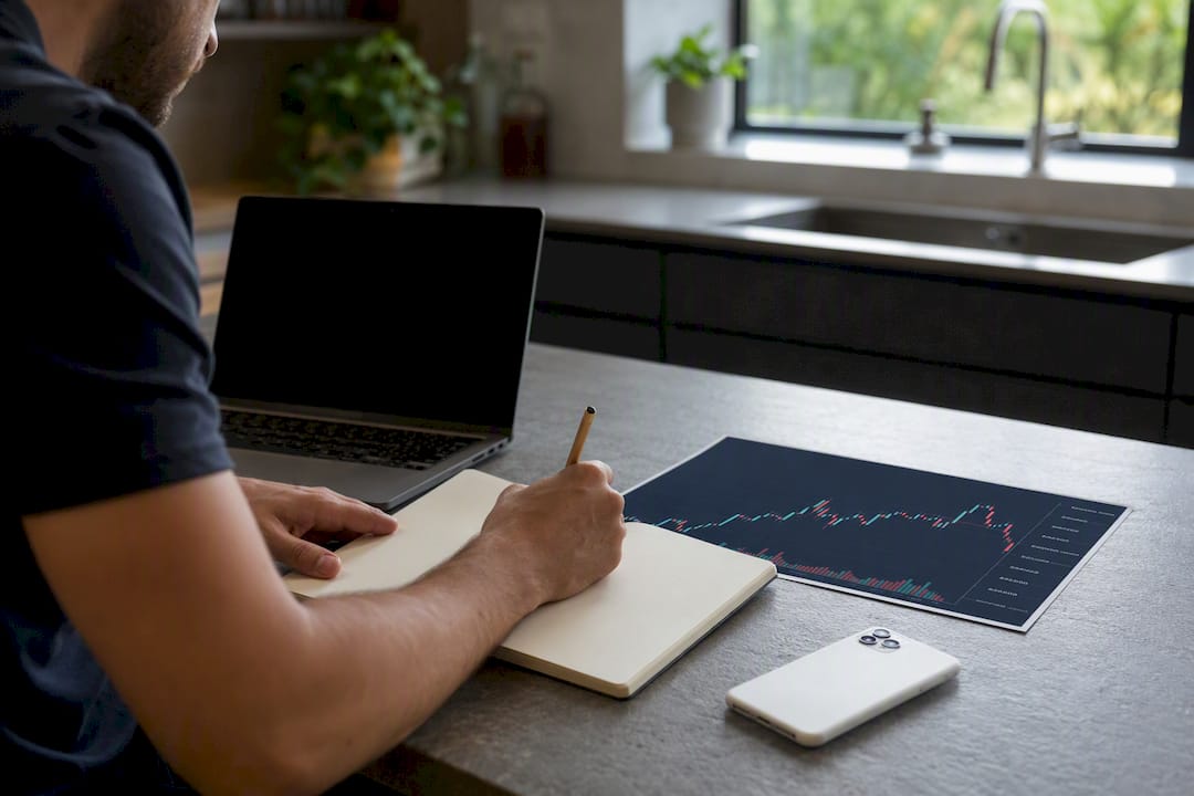 Hands writing notes on trading strategy