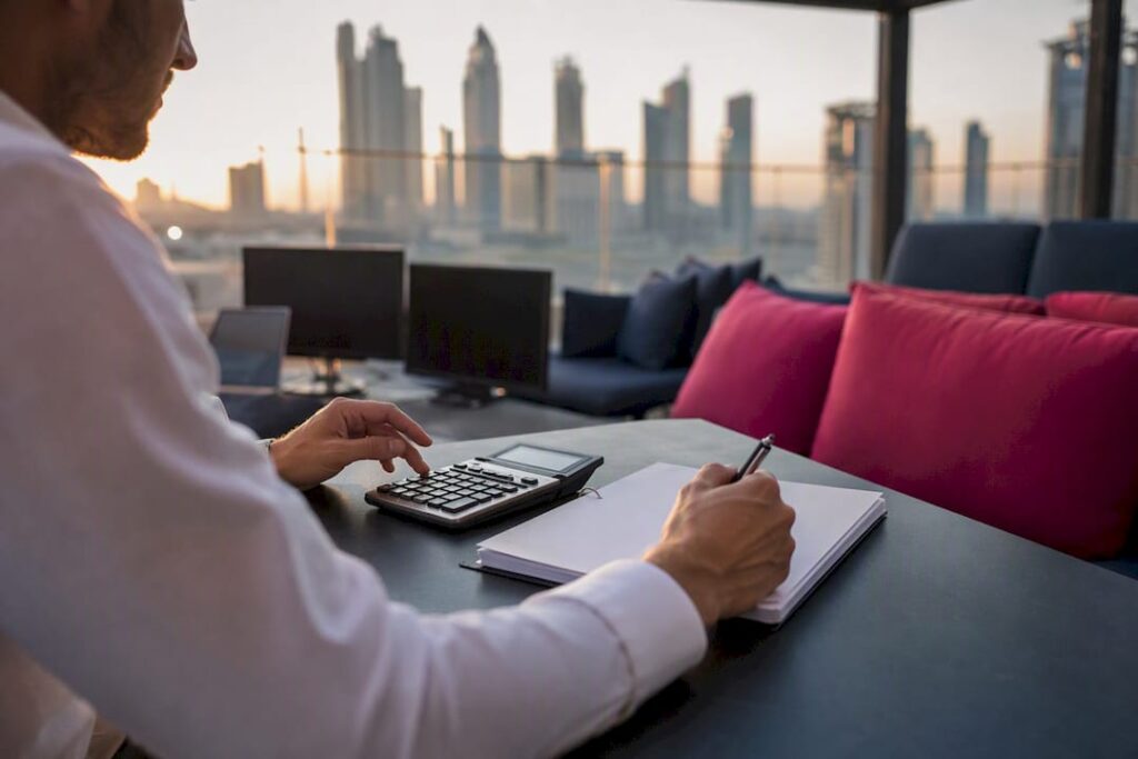 Hands calculating forex trading risk