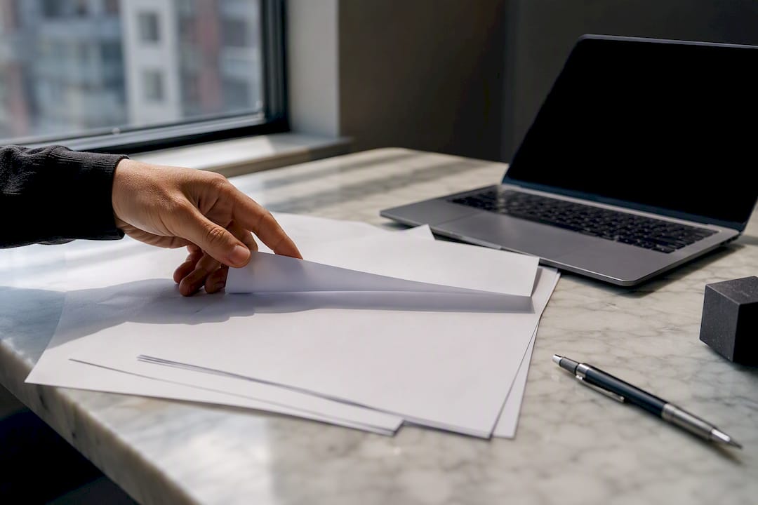 Hand placing verification documents on desk