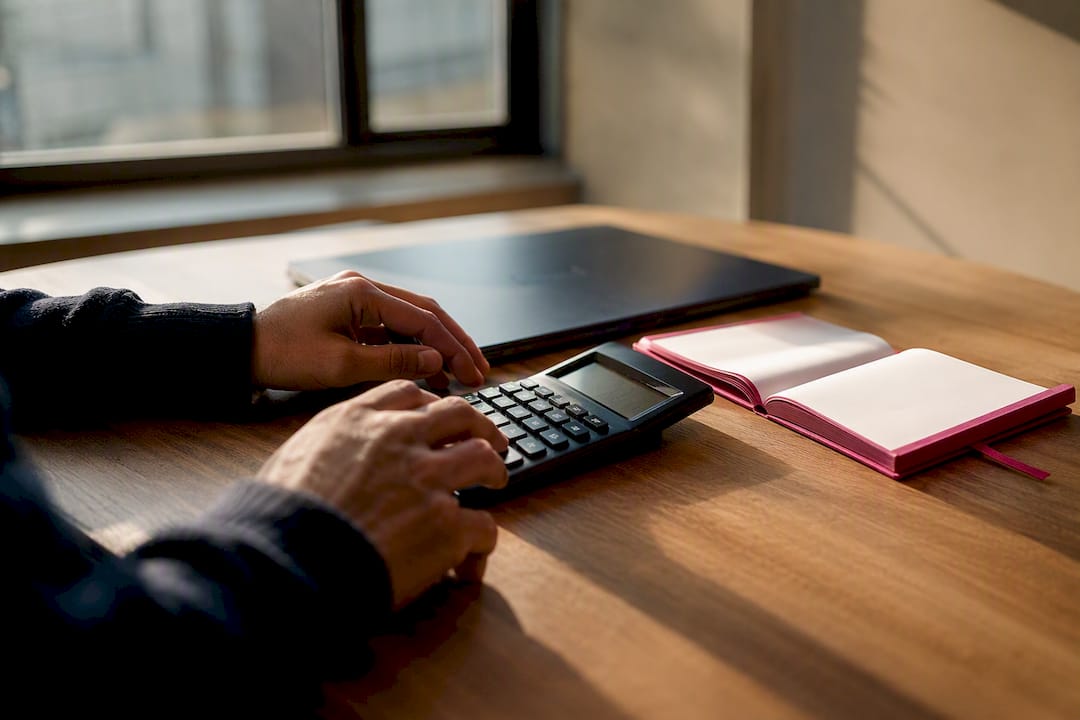 Hands calculating trade position size