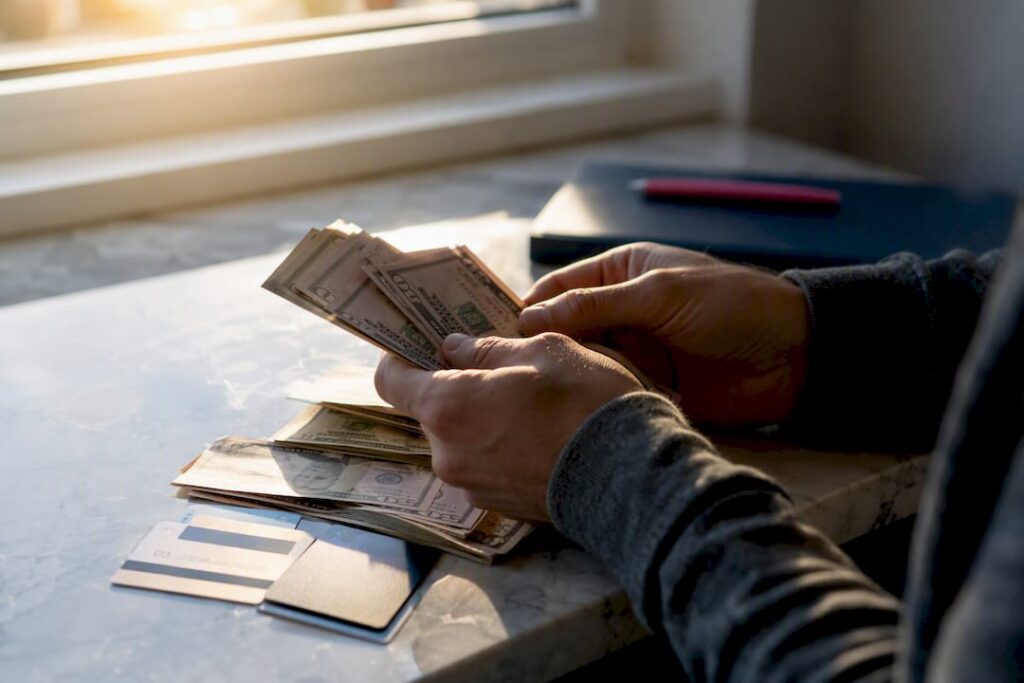 Hands comparing cash and credit cards