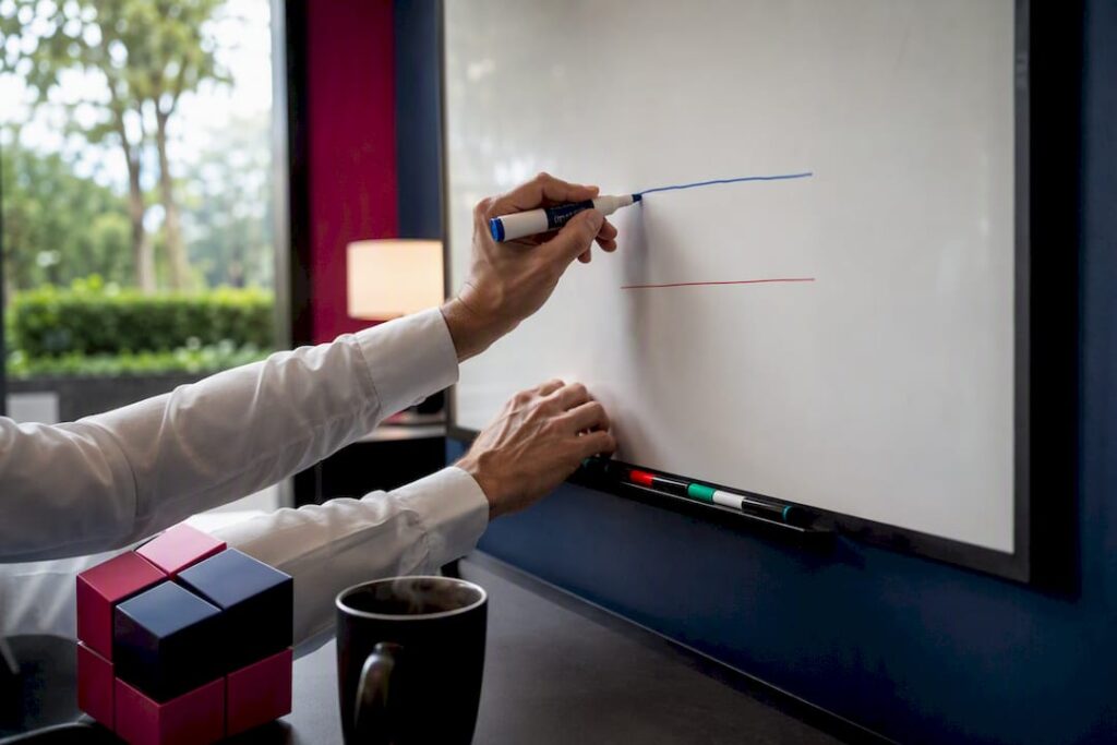Hands measuring price levels on a trading chart