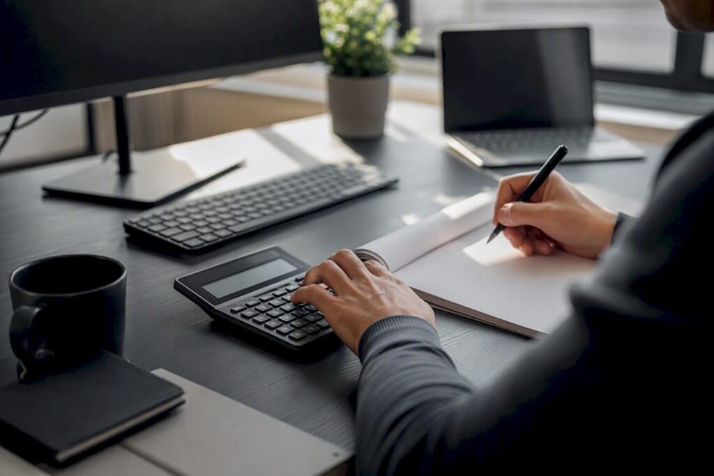 Hands doing margin calculations at trading desk