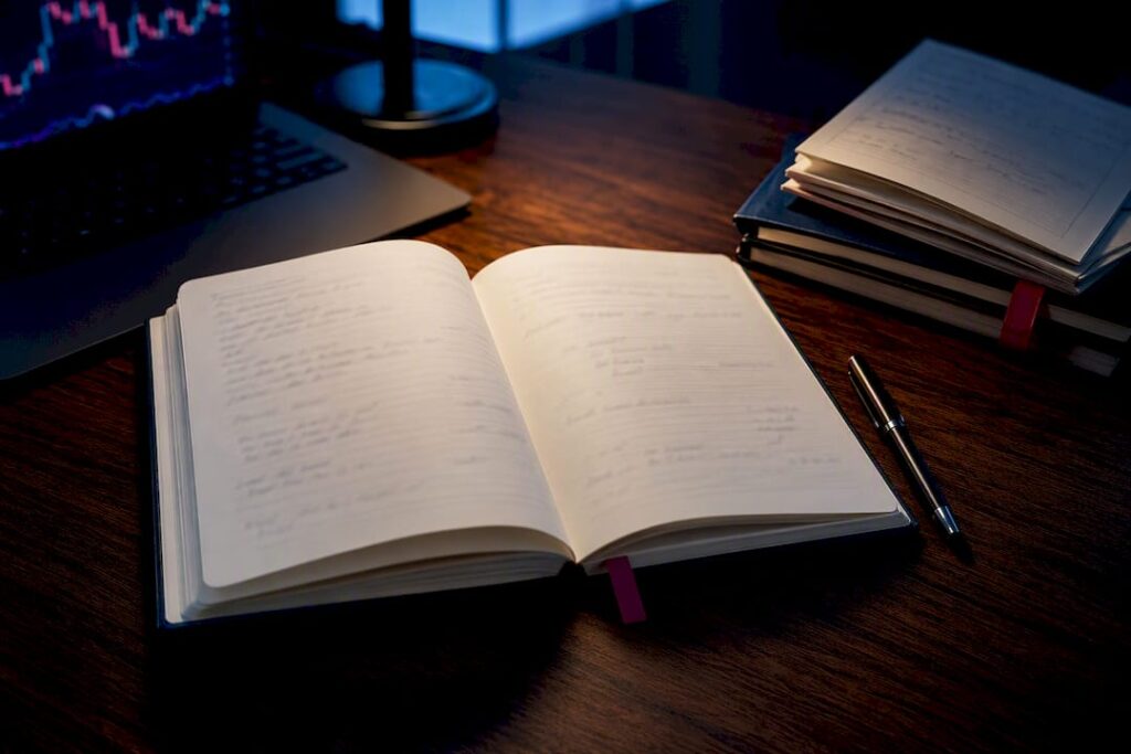 Open trading journal beside a pen